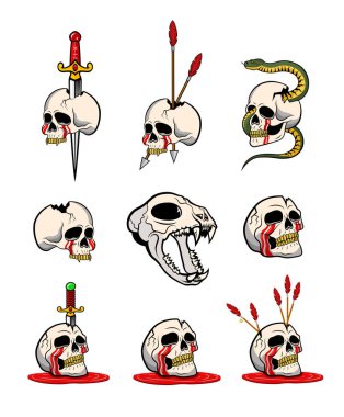 Dövmeler, baskılar, çıkartmalar, posterler ve diğer tasarımlar için bir dizi vektör çizimi. Kafatası, bıçak, yılan ve okları olan ikonlar. Bir kedinin kafatası.