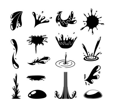 Bir dizi vektör sıçraması. Damlalar, su birikintileri, noktalar, şelaleler yaratıcı tasarımlar için.