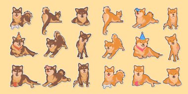 Shiba Inu ve Akita Inu köpeklerinin çıkartma koleksiyonu. Herhangi bir eşya, parmak izi ve iyi bir ruh hali için komik ifadeler! İki sürümdeki şablonlar.