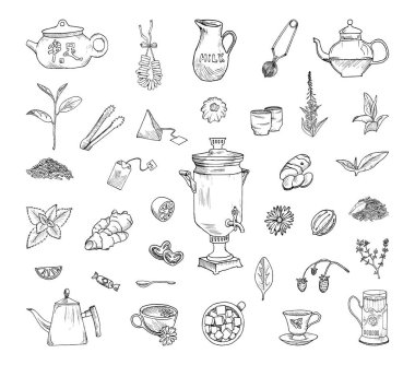 Çizim tarzında içilen tek renkli çay resimlerinin koleksiyonu. Resim mürekkebi şeklinde el çizimleri. Siyah beyaz grafikler.
