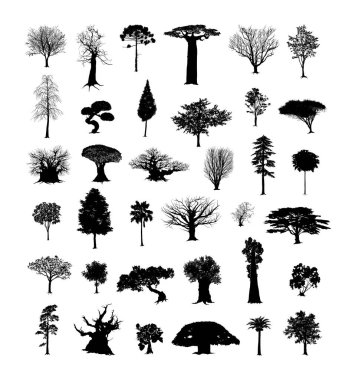 Set of black trees. Vector objects for creating patterns, wallpapers, and decorations. clipart