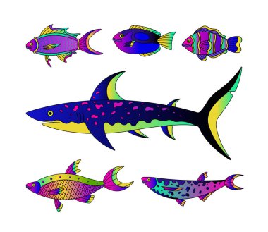 Deniz ve su balıklarının temsili vektör koleksiyonu. Neon ve özet elementlere sahip modern şablonlar. 