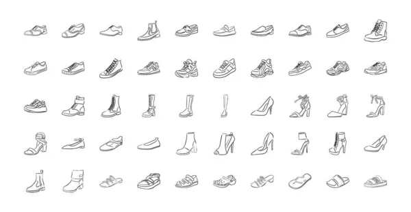 一套不同鞋子的草图 女鞋和男鞋的线形图标 — 图库矢量图片