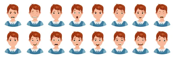 Verzameling Van Tieneravatars Met Verschillende Emoties Leuke Jongen Karakter — Stockvector