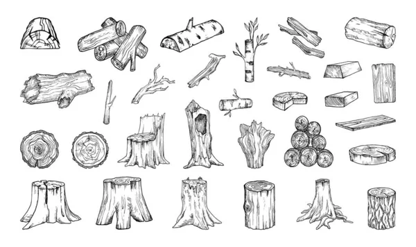 Colección Ilustraciones Monocromáticas Materias Primas Madera Estilo Sketch Dibujos Mano — Archivo Imágenes Vectoriales