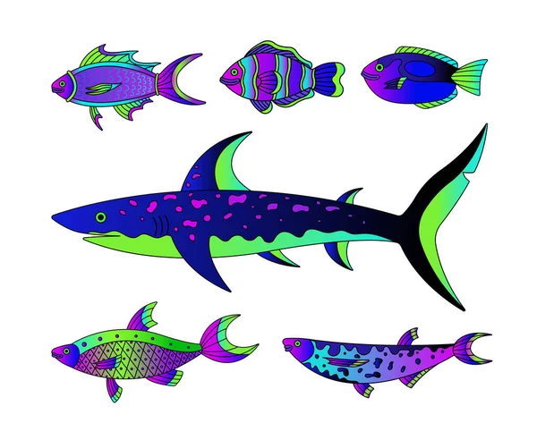 Векторна Колекція Ілюстрацій Морських Водних Риб Сучасні Шаблони Неоновими Контурними — стоковий вектор