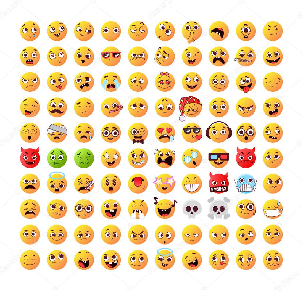 Big collection of emoticons for smartphones, apps, creating stickers and cards. Vector faces in cartoon style.