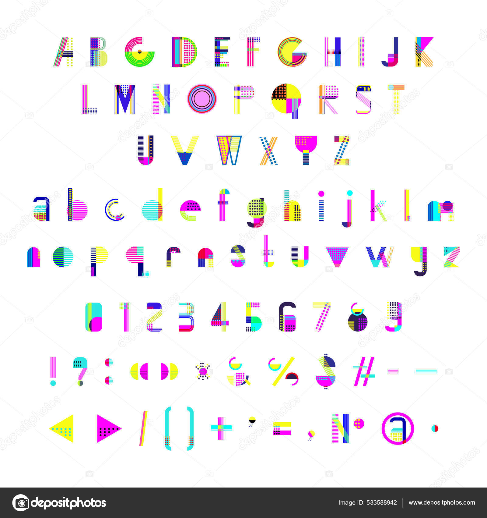 Image vectorielle Lettres Abstraites Chiffres Ponctuation Une Police  Tendance Faite Formes Géométriques par ©n.style - 533588942, image size:1600x1700
