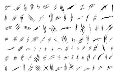 Beyaz arkaplanda izole edilmiş siyah çizik koleksiyonu.