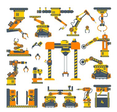Endüstriyel üretim için robotik silah ve taşıma makineleri koleksiyonu. Otomatik üretim sistemlerinin ayrıntılı çizimleri.