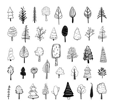 Farklı tipte siyah beyaz karalama ağaçları koleksiyonu. El çizimi biçim simgeleri.