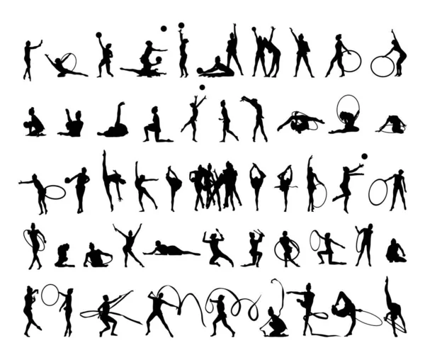 收集了艺术体操的黑色轮廓 白种人背景的女体操运动员的影子 体育图例 — 图库矢量图片