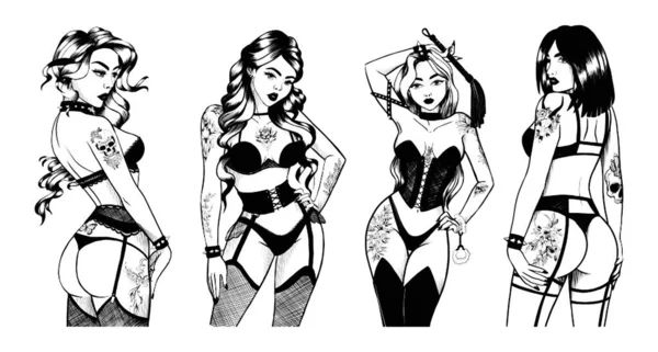 Illustrazioni Monocrome Ragazze Sexy Con Tatuaggi Lingerie Una Serie Donne — Vettoriale Stock