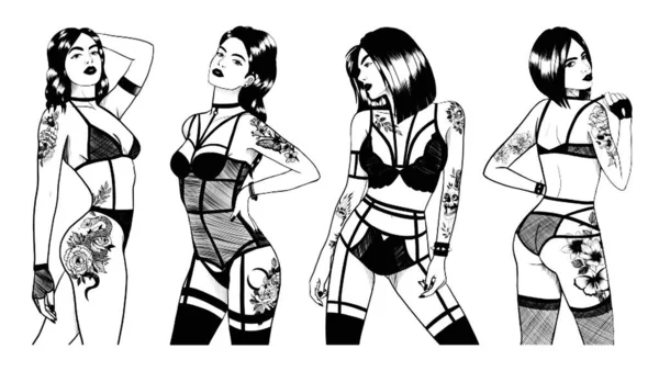 Monochrome Illustrations Sexy Girls Tattoos Lingerie Set Seductive Women Black — Stock Vector