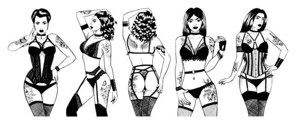 Monochrome Illustrations Sexy Girls Tattoos Lingerie Set Seductive Women Black — Stock Vector