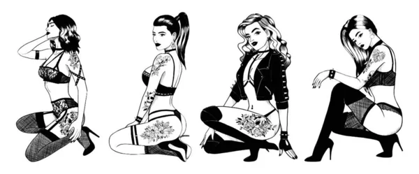 Monochrome Illustraties Van Sexy Meisjes Met Tatoeages Lingerie Een Stel — Stockvector