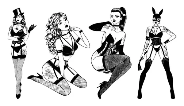 Monochrome Illustraties Van Sexy Meisjes Met Tatoeages Lingerie Een Stel — Stockvector