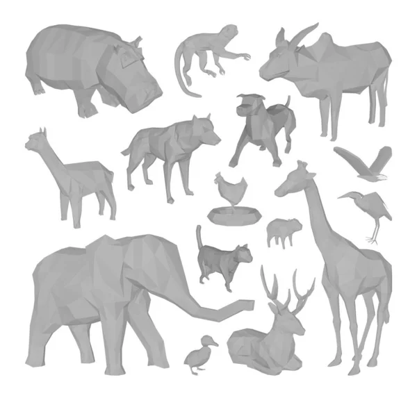Set Polygonal Mockups Domestic Wild Animals Figures Animals Low Poly — Stock Vector