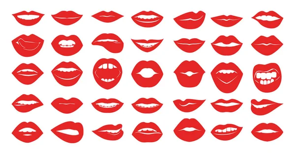 Колекція Червоних Еротичних Жіночих Губ Плоскому Стилі Рот Різними Емоціями — стоковий вектор
