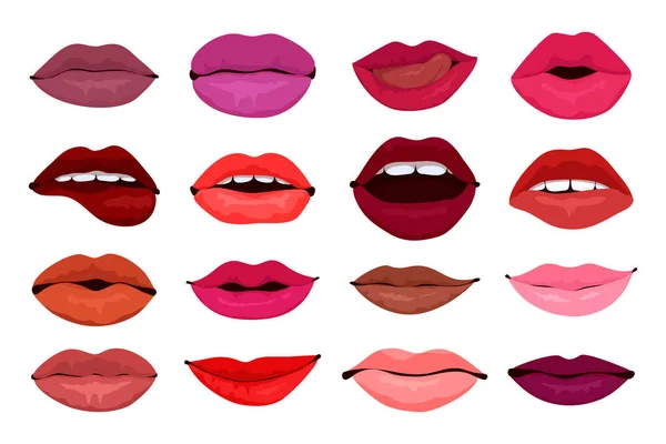 Colección Labios Femeninos Con Diferente Color Lápiz Labial Estilo Plano — Archivo Imágenes Vectoriales