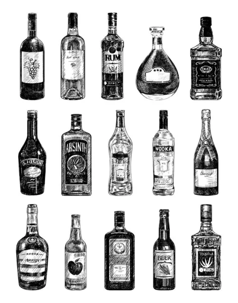 Collectie Van Monochrome Illustraties Van Alcoholflessen Schetsmatige Stijl Handtekeningen Art — Stockvector