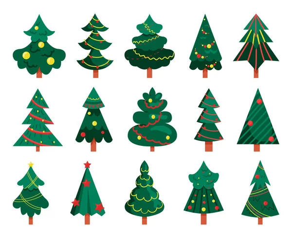 Kolekce Plochý Styl Vánoční Stromky Izolované Bílém Pozadí — Stockový vektor