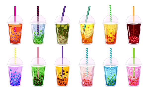 Coleção Coquetéis Coloridos Com Tapioca Bagas Ilustração Detalhada Bebidas Doces — Vetor de Stock