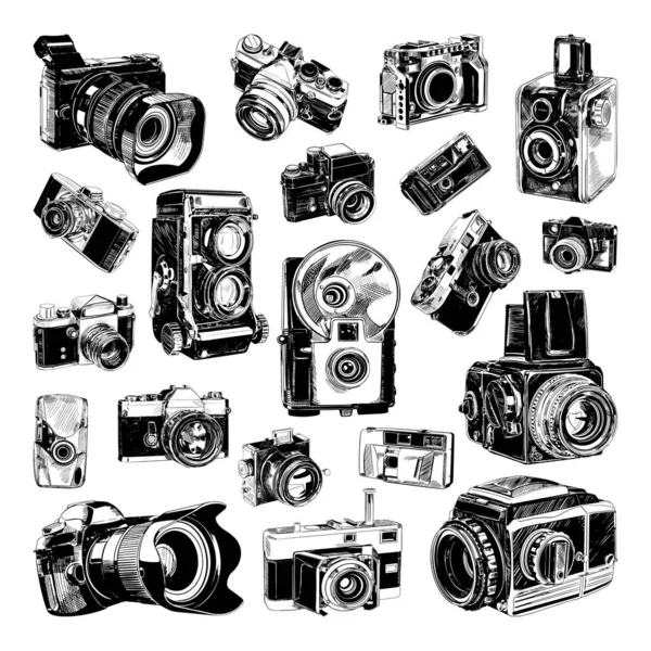 Kolekcja Monochromatycznych Ilustracji Aparatów Fotograficznych Stylu Szkicowym Ręczne Rysunki Stylu — Wektor stockowy