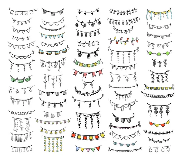 Лінійні Декоративні Елементи Вигляді Гірлянд Підвісок Прапорів Стрічок Стиль Малювання — стоковий вектор