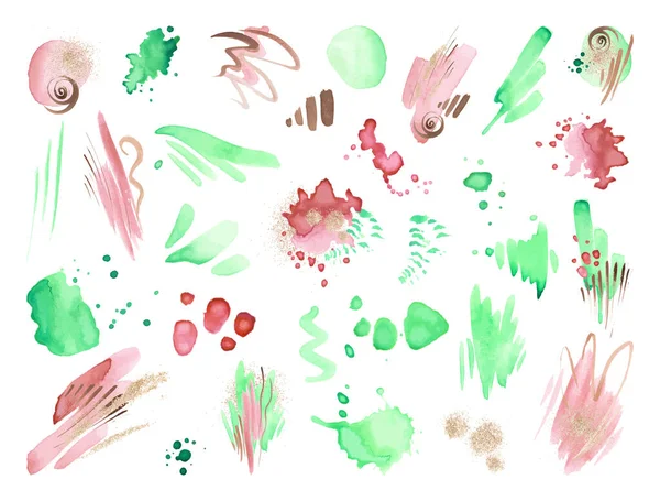 Collezione Pennellate Multicolore Sfondi Acquerello Con Macchie Linee Brillantini Spruzzi — Vettoriale Stock