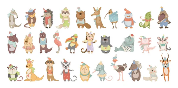 Colección Animales Lindos Estilo Dibujos Animados Ilustraciones Para Niños — Vector de stock