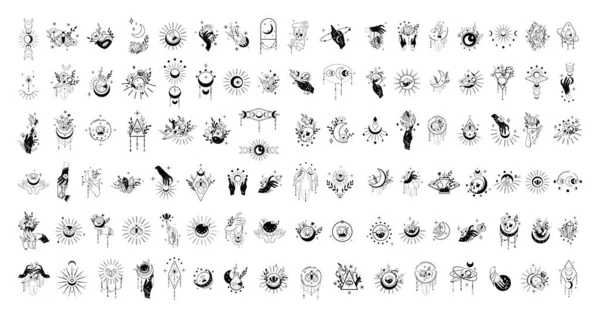 Collection Black White Esoteric Tattoos Mystical Stickers — Stock Vector