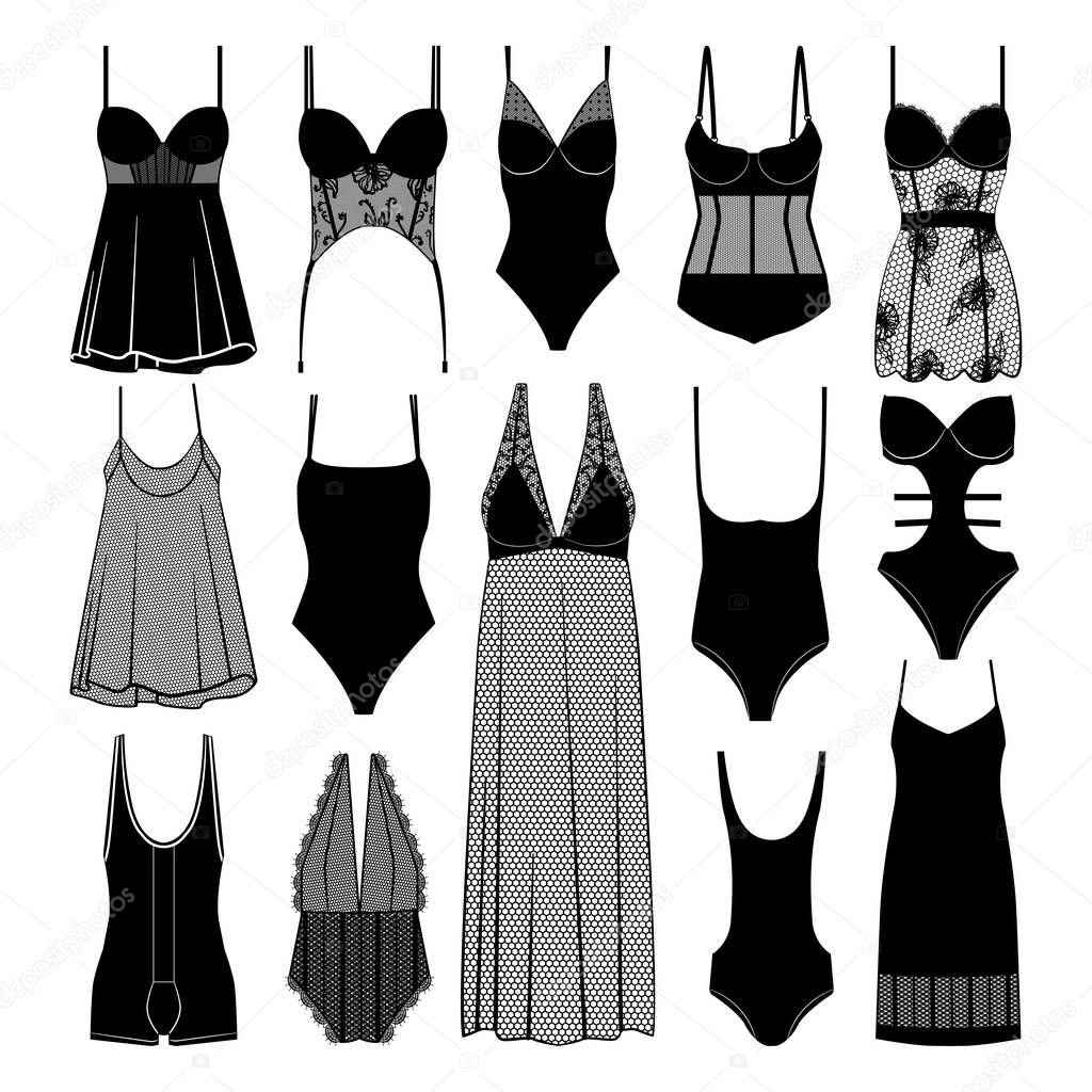 Collection of women's nightgowns. Black and white illustrations.