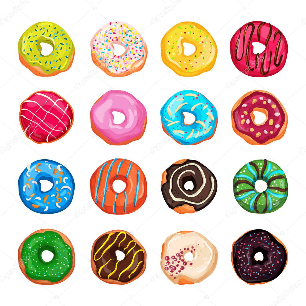 Collection of colorful appetizing donuts isolated on white background. Detailed illustrations.