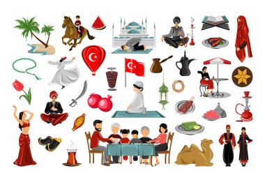 Türkiye ile ilişkili vektör nesneleri. Türk gelenekleri, yemekleri ve sembollerinin resimleri.