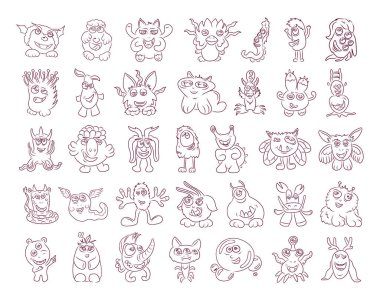 Çizim tarzında çizgi film ucubeleri koleksiyonu. Sanat eserlerindeki canavarlar.