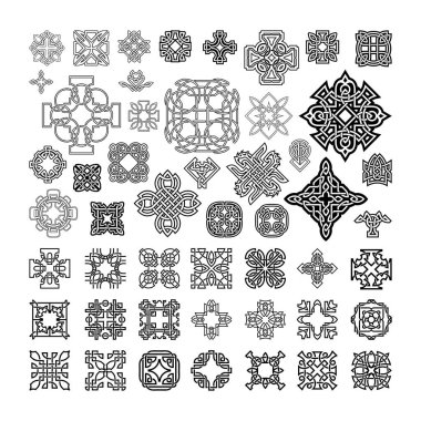 Siyah ve beyaz Kelt düğümleri koleksiyonu. Gotik tarzda sonsuz düğümlü desenler. İskandinav desenleri.