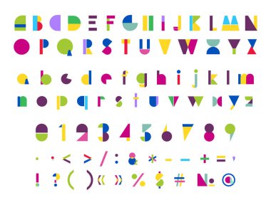 Geometrik şekillerden farklı renklerde harfler, sayılar ve noktalama işaretleri. Modern soyut alfabe.