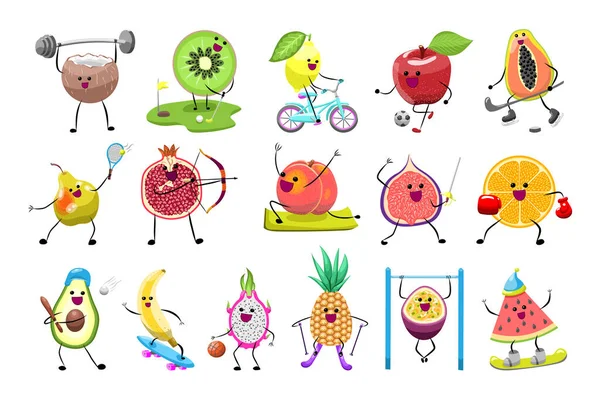 Zbiór Ilustracji Owocami Promującymi Zdrowy Tryb Życia Owoce Różnych Sportach — Wektor stockowy
