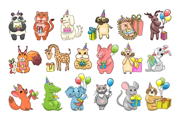 Συλλογή Από Χαριτωμένα Ζώα Δώρα Και Μπαλόνια Εικονογράφηση Γενεθλίων — Διανυσματικό Αρχείο