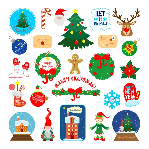 Set Von Weihnachtsaufklebern Und Dekorationen Flache Illustrationen Neujahrsspielzeug Und Glückwünsche — Stockvektor