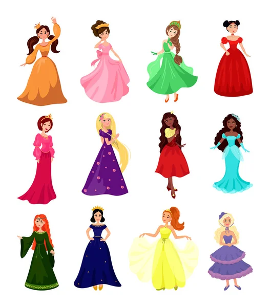 Sbírka Báječných Mladých Princezen Různých Zemí Kreslené Znaky — Stockový vektor