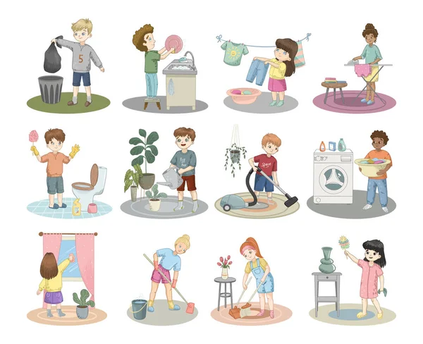 Coleção Ilustrações Com Crianças Fazendo Tarefas Domésticas Limpeza Casa —  Vetores de Stock