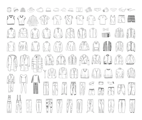 Collection Illustrations Monochromes Vêtements Pour Hommes Style Croquis Dessins Main — Image vectorielle