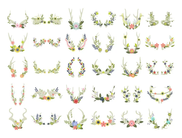 Колекція Рогів Прикрашених Квітами Гілками Роги Різних Тварин Квіткових Прикрасах — стоковий вектор