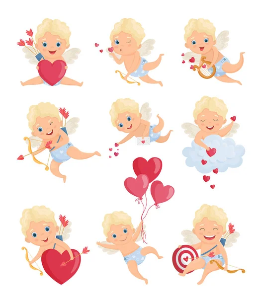 Set Illustrazioni Con Simpatici Cupidi Cartone Animato Giorno Valentino — Vettoriale Stock