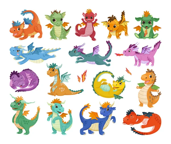 Coleção Dragões Bonitos Estilo Cartoon Ilustrações Infantis —  Vetores de Stock
