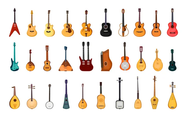 Farklı Türde Gitarların Koleksiyonu Ulusal Halk Enstrümanları Dizilmiş Araçların Ayrıntılı — Stok Vektör