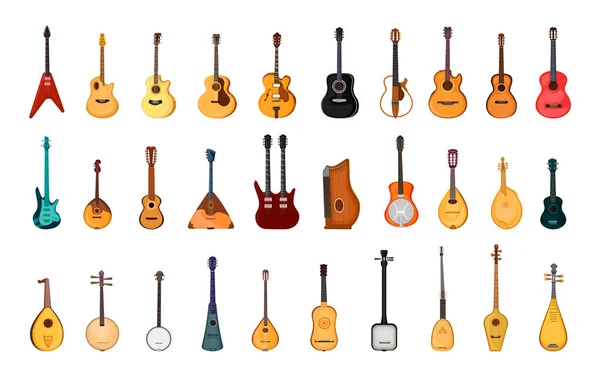Farklı türde gitarların koleksiyonu. Ulusal halk enstrümanları. Dizilmiş araçların ayrıntılı çizimleri.