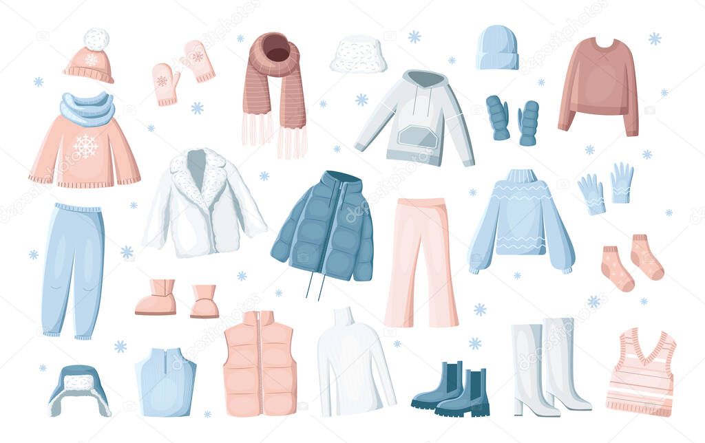 Collection of winter clothes in flat style. Modern illustrations.